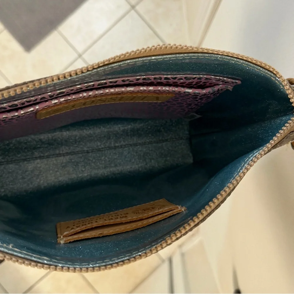 Taupe Leather Crossbody Bag with Colorful Woven Strap - Picture 4 of 13